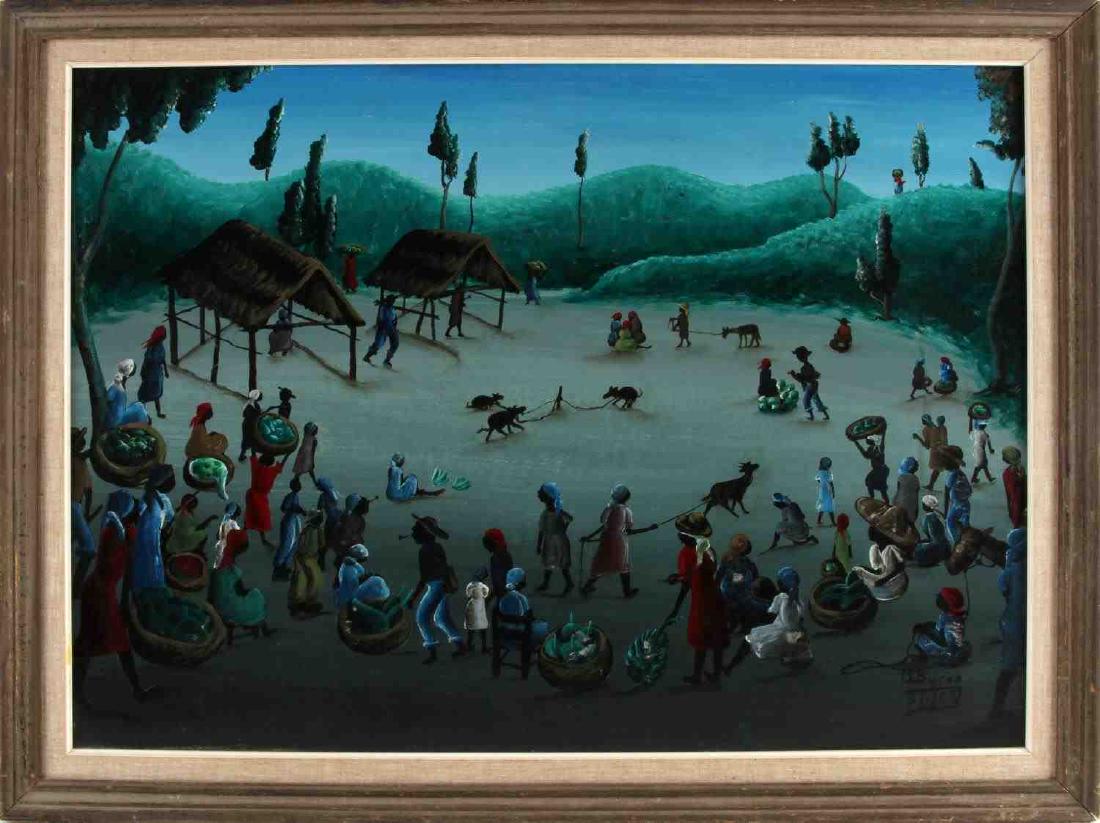 1963 HAITIAN FOLK ART PAINTING SIGNED BYRON: Bourmond Byron (1920 - 2004) Haitian painter. Hailing from Jacmel, Byron mainly paints landscapes and scenes from Haitian life. Painting measures 21 by 27, framed. It is signed and dated B. Byron 5/1/