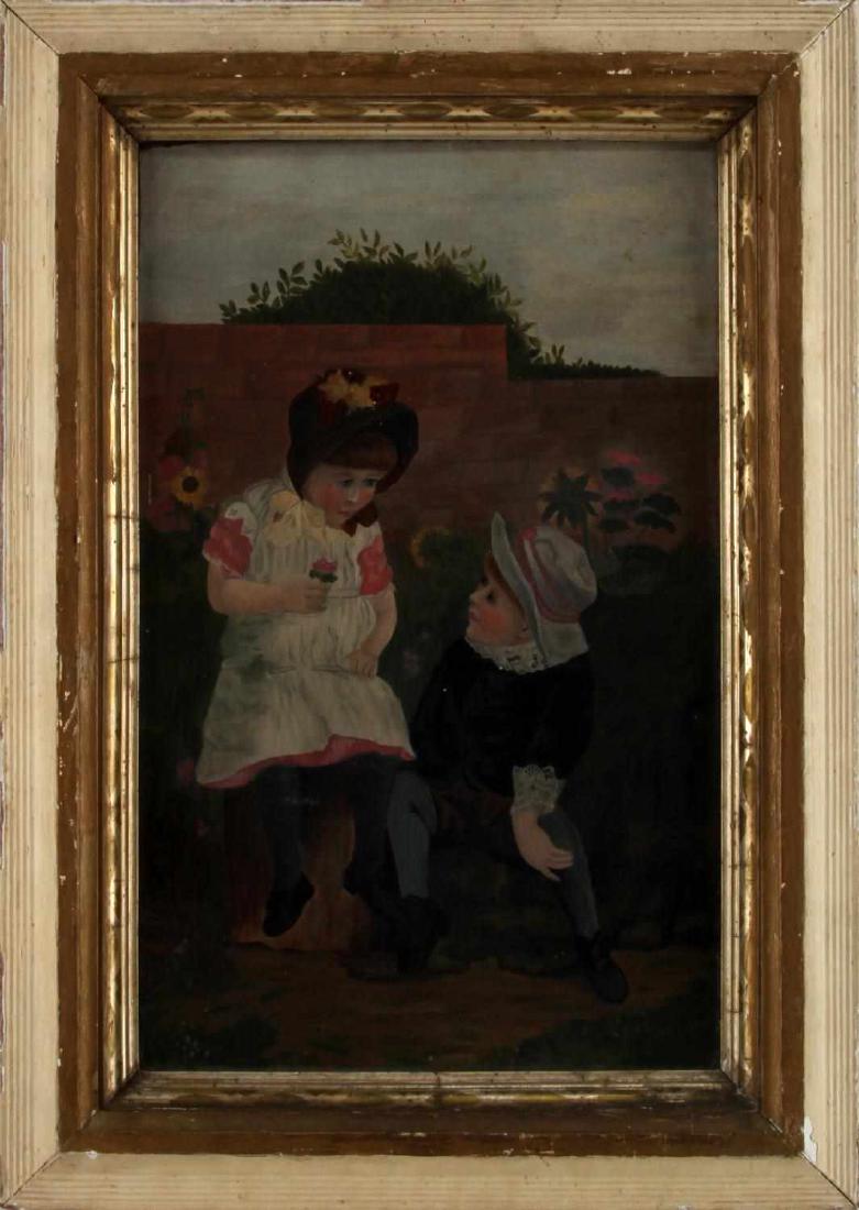 19TH CENTURY FOLK ART OIL ON BOARD PAINTING: Unsigned and in good condition with light craquelure, discoloration and pin point paint loss. Board has a label on reverse that dates to 1852. Measurements are (image) 19 by 11 1/2 inches with frame 2