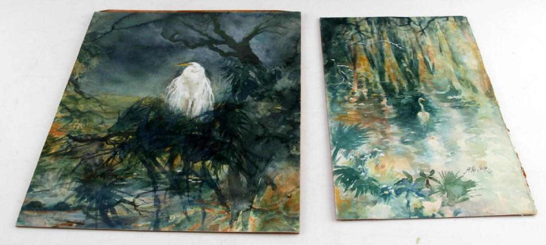 ALICE SCOTT FLORIDA EGRET WATERCOLOR PAINTING: Alice Scott (1925-2005) American began her career as an artist in Charleston South Carolina and later moved to the Florida Panhandle. She is best known for her depictions of Southern Black Americana a