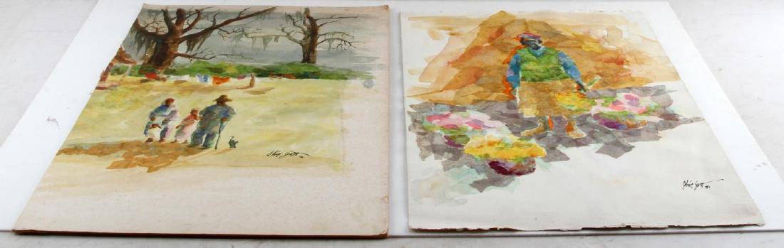 BLACK AMERICANA WATERCOLOR PAINTING BY ALICE SCOTT: Alice Scott (1925-2005) American artist, best known for her Flower Peddlers of Charleston and her depictions of 20th Century Black Americana. Both signed LR corner one measures 23 by 15 1/2 inches wit