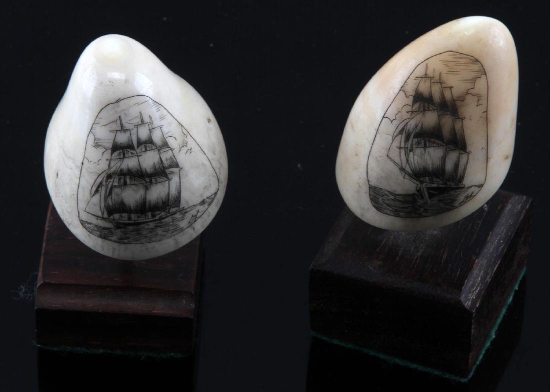 2 ANTIQUE WHALE TOOTH SCRIMSHAW LOT CLIPPER SHIPS: Small Orca tooth each is approximately 1 5/8 inch, each signed DL lower right. We will not ship international and please know your state laws prior to bidding.