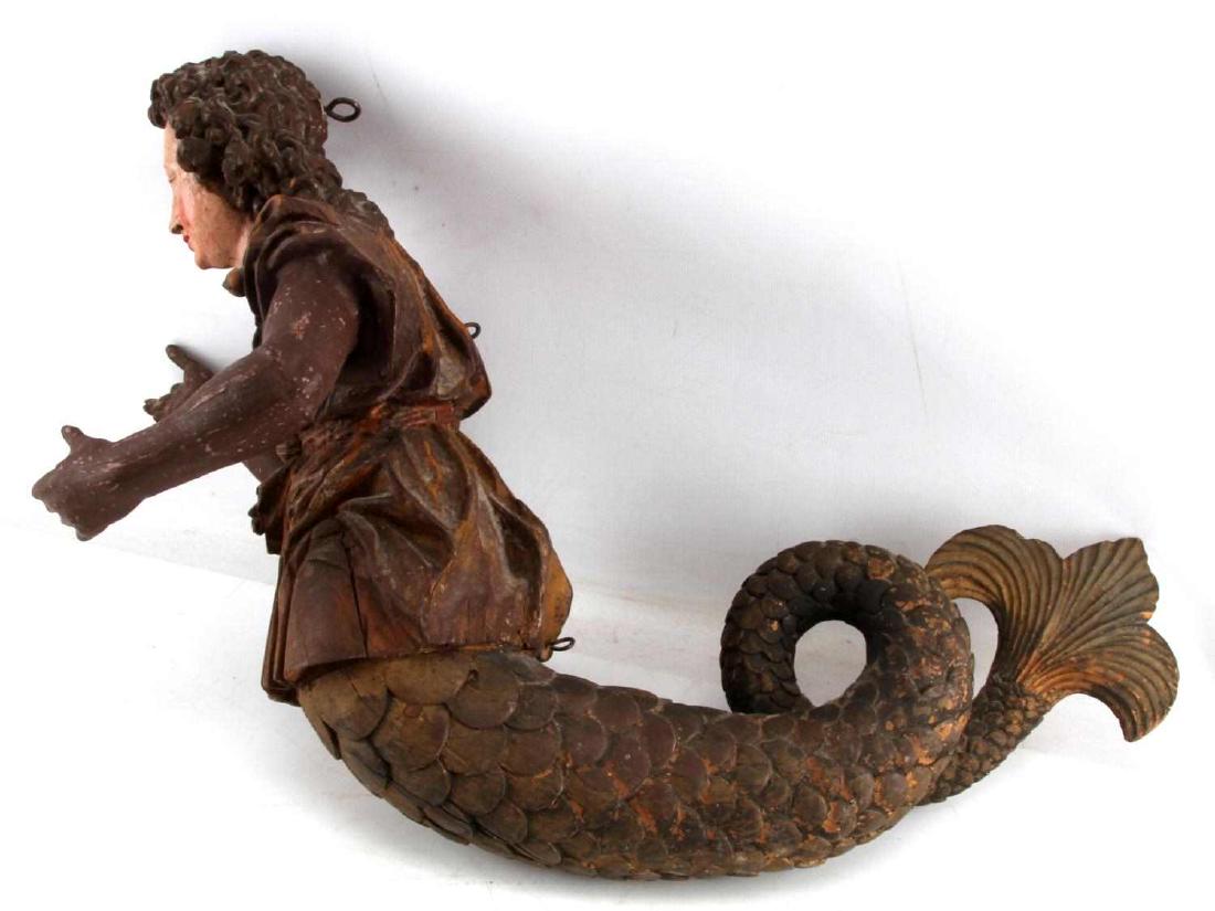 ANTIQUE BLACK FOREST POLYCHROME MERMAID FIGURE: Black Forest lusterweibchen mermaid chandelier centerpiece, lamp not included. Measurements are 23 inches length by 16 inches height with a 14 inch width. Paint appears original with some flaking, dis