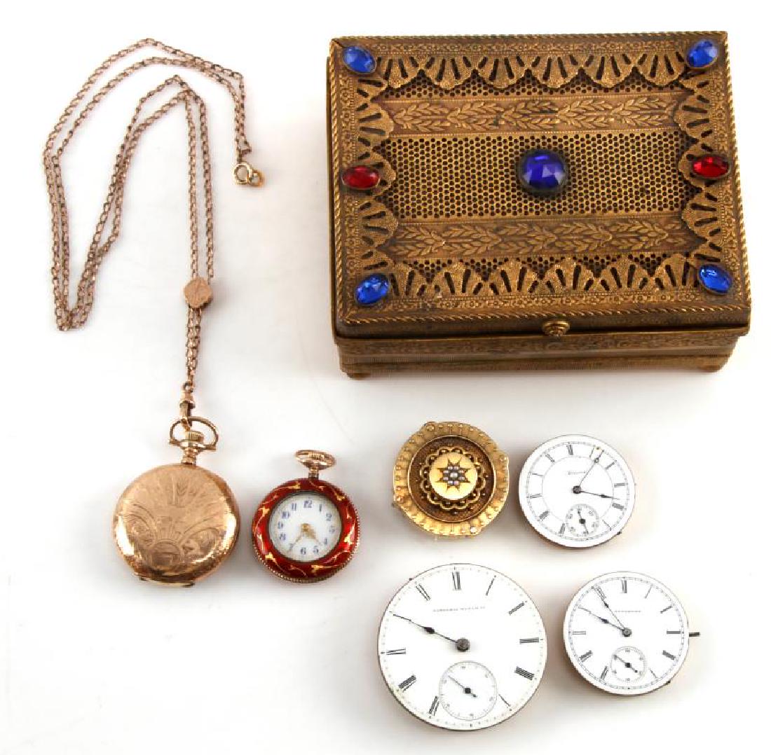 14KT GOLD BROOCH & WALTHAM POCKET WATCH & PARTS: Mixed lot containing: 33mm 14KT yellow gold brooch with sunburst design, tiny pearls to center, hook for hanging or horizontal straight pin for wearing as brooch, scratched to rim "50/26 680100", 34mm