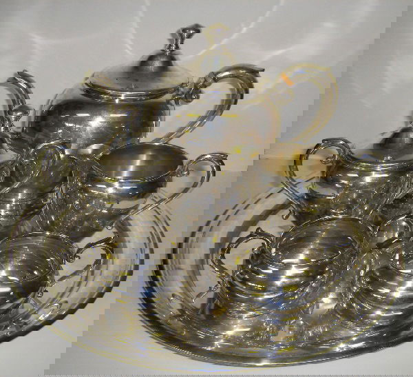 6 GORHAM P.S. CO STERLING SILVER TEA SET LOT 54OZ: Sterling silver marked tea set including 6 pieces: 2 Gorham 910 sugar and creamer set and 4 P.S. Co. 1100 including sugar and creamer bowls, teapot and 14" tray. In total over 54 oz of solid sterling