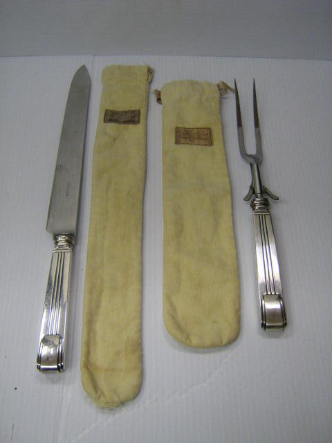 STERLING TIFFANY CARVING FORK AND KNIFE "CENTURY": Tiffany & Co, Sterling Silver Carving Knife & Fork. Knife (13.75 ") Fork (10.5"). Both Monogrammed JLH. 7.5 ounces total