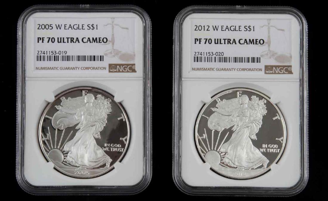 2005 2012 SILVER EAGLE PROOF NCG GRADED PF 70: 2 Proof Silver Eagles graded PF 70 Ultra Cameo by NCG: 2005 W and 2012 W