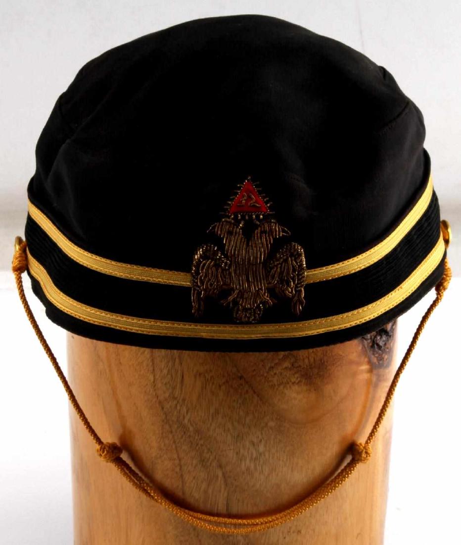 VINTAGE CLOTH 32ND DEGREE MASON CAP: Cap with bullion wire double-headed eagle with '32' in a red triangle above. Yellow cord strap. Very good condition.