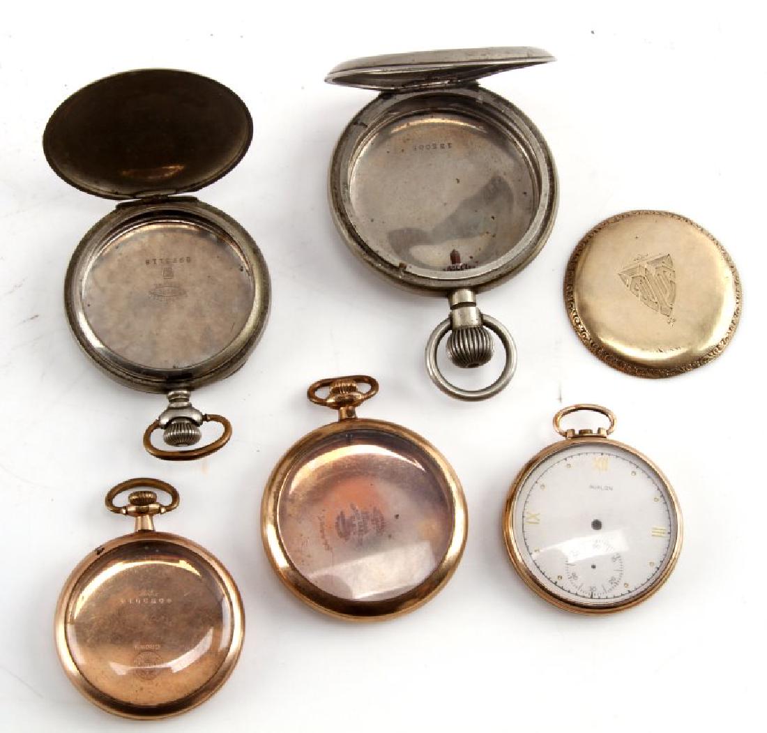 LOT OF 5 VINTAGE TO ANTIQUE POCKET WATCH CASING: Grouping of 5 vintage to antique pocket watch casings 3 of which are rose gold in color and 2 of which are silver metallic in color, one pocket watch still has its dial or face; casings are all hallma