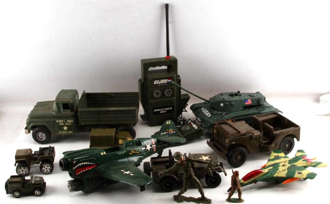 MIXED VINTAGE US ARMY TOY LOT: Mixed vintage U.S. Army toy related lot. Includes Tonka Toys tin jeep, GI Joe plane, GI Joe jeep, GI Joe mobile field unit, Processed Plastic Co. tank, Buddy tin truck, and more.