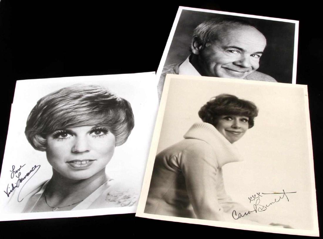 3 CAROL BURNETT SHOW STAR AUTOGRAPH LOT CONWAY ETC: Lot of THREE (3) autographs from three stars of the legendary "Carol Burnett Show". Includes 8x10 photos autographed by Carol Burnett, Tim Conway, and Vicki Lawrence. Tim Conway's photo has been perso