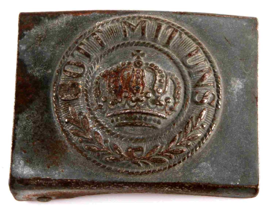 WWI IMPERIAL GERMAN PRUSSIAN ARMY BELT BUCKLE: Belt buckle made of brass of the German Army from the WWI era with the Prussian slogan 'Gott Mit Uns' on it. In good condition with minor tarnish.