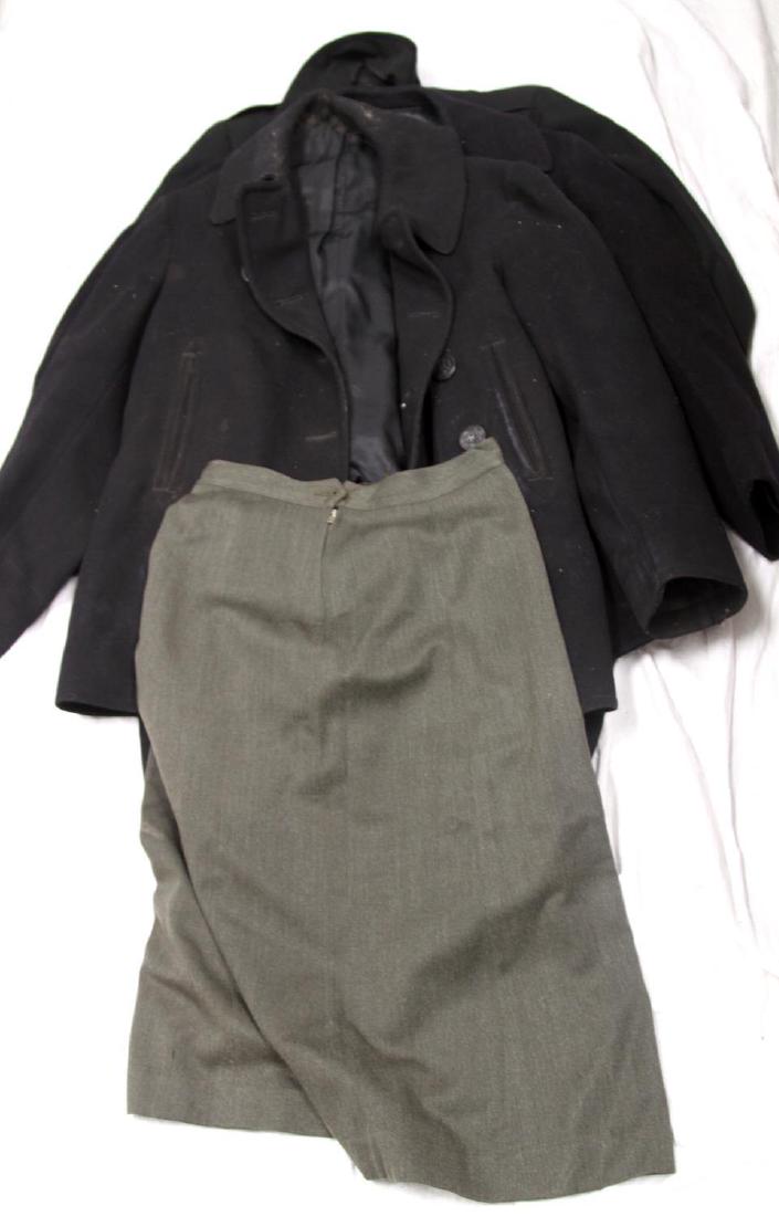 WWII & LATER MILITARY CLOTHING & UNIFORM LOT MIXED: Lot includes but is not limited to: Sailor's sweaters, enlisted men's naval pea coat, Officer's naval pea coat, black naval trench coat, and more. Items are in good condition with no signs of damage o