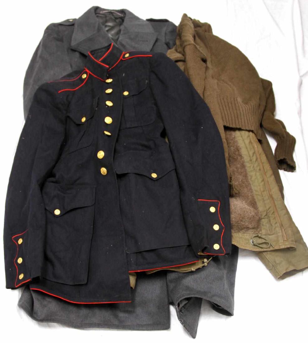 US MILITARY MULTI CONFLICT UNIFORM & CLOTHING LOT: All items in this lot have little to no mothing and are in overall good condition. Lot includes but not limited to Army tunic, Navy jacket size 38, Grey over coat and a OD green wool sweater.