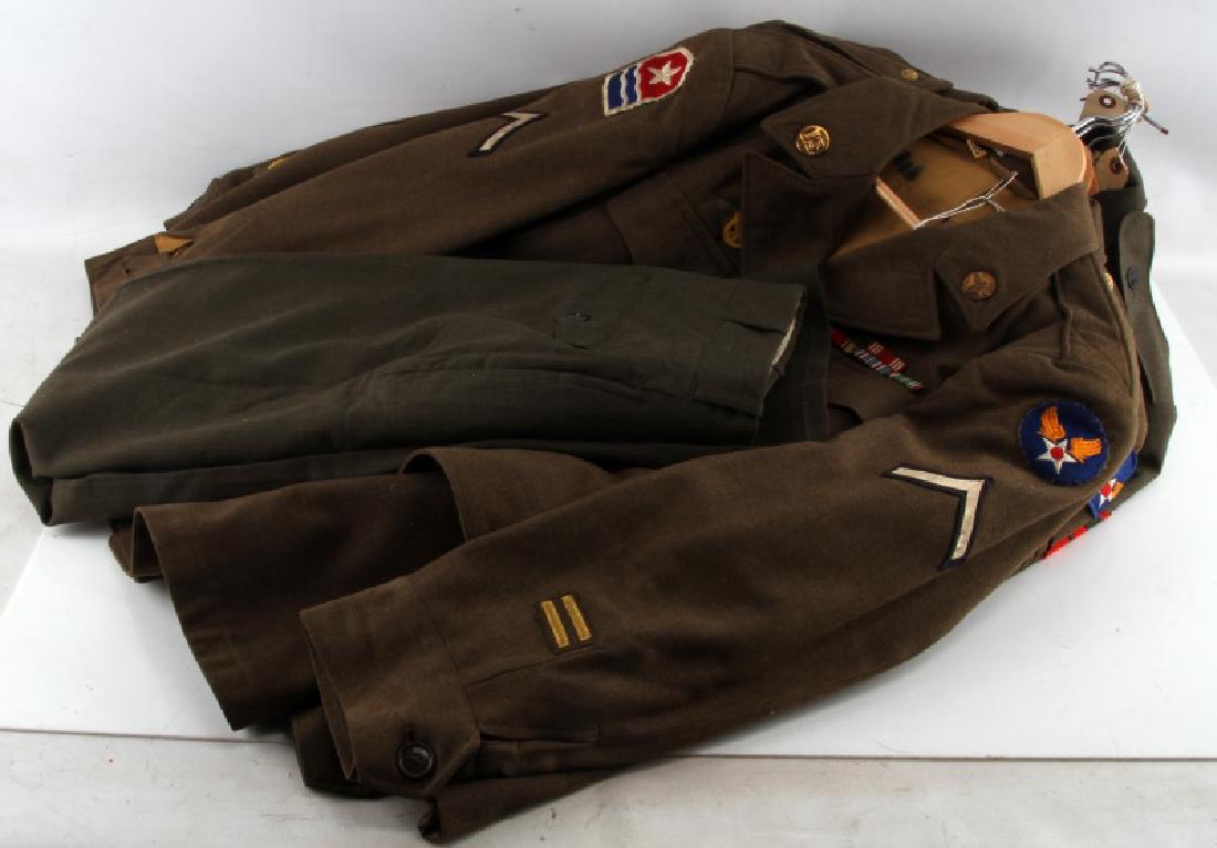 WWII U.S ARMY & MARINE CORP UNIFORM LOT IKE JACKET: 6 Pieces to include pull over winter parka medium, Army Air Corp private 38s IKE, AAC staff SGT 39R tunic, Tech corporal, signal Corp, with 7 campaign ribbon, USMC private tunic with trousers size 38,