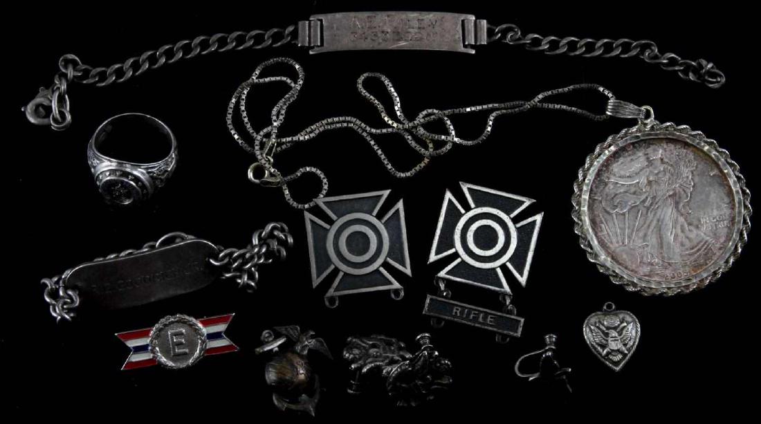 STERLING SILVER MILITARY & SWEETHEART JEWELRY LOT: Lot includes 2005 Walking Liberty pendant, ID bracelets, EGA, Army sweetheart earrings and pendant. Total weight 95 grams.