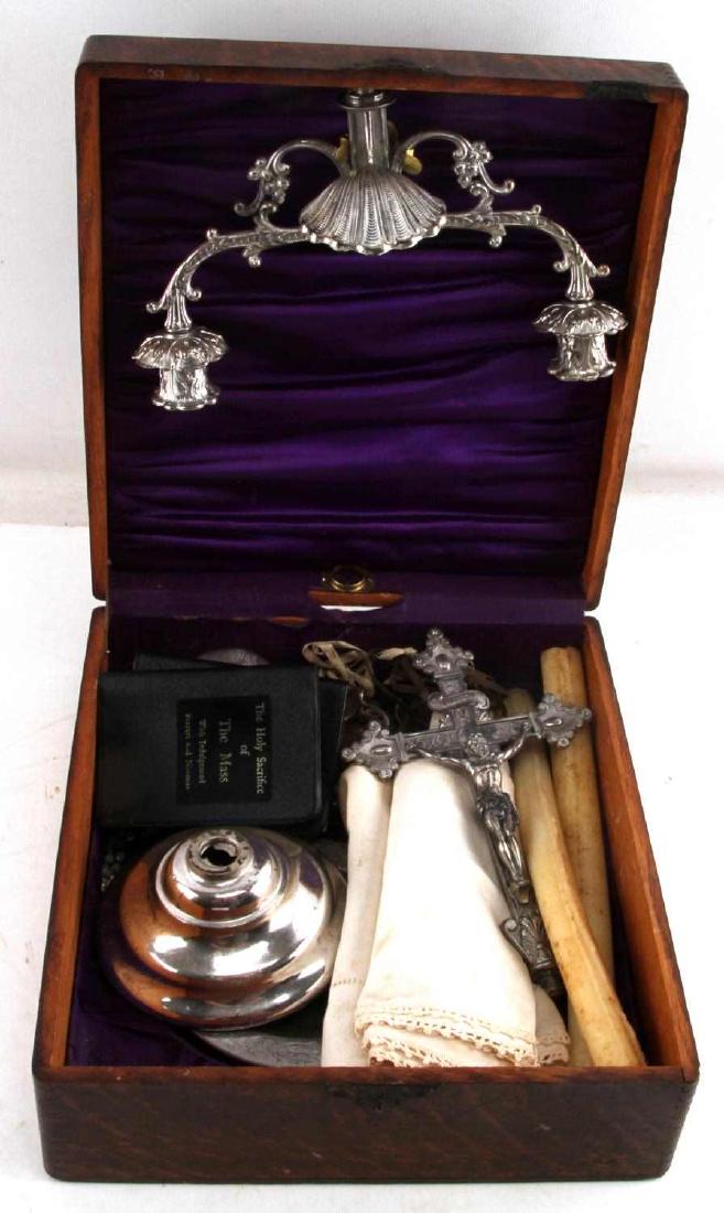 WWI CHAPLAIN CATHOLIC PORTABLE MASS SET & WOOD BOX: Comes in wooden box with purple satin liner and a cross on the top. Box measures measures 10 1/2 inches by 11 inches and 4 1/2 inches tall. Includes Crucifix, candle holder and 2 candles, rosary, holy