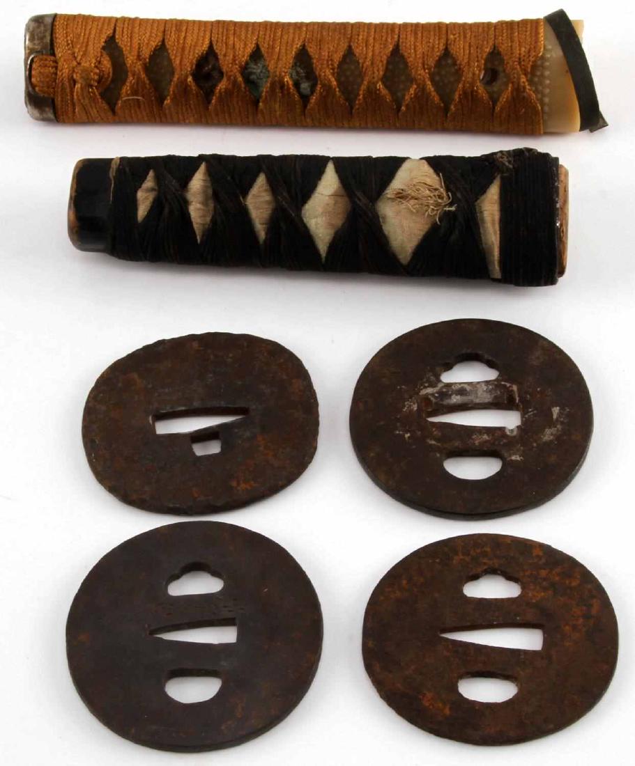 ANTIQUE JAPANESE SWORD TSUBA GUARD LOT OF 4 & MORE: Lot contains 4 Japanese tsuba, 2 handles, and one ring. 3 unmarked, 1 shows minor vertical text in the center. All measures approx. 2 3/4". Strong oxidation, G conditions.