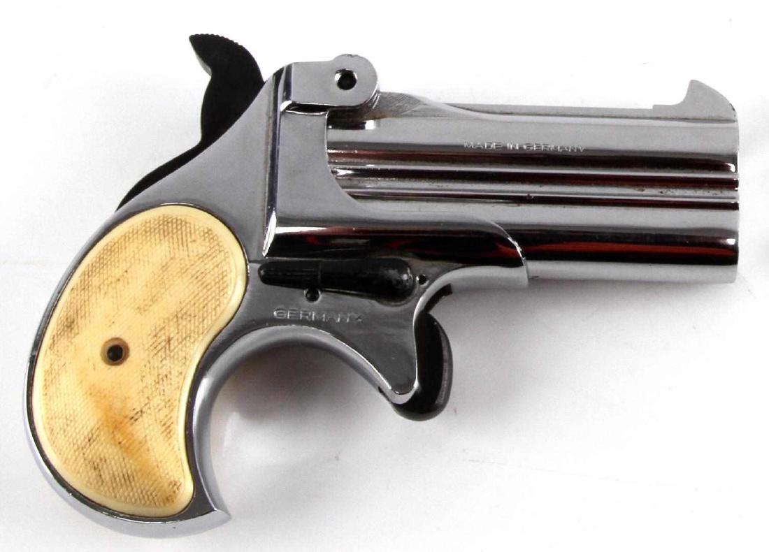 GERMAN ROHM SONTHEIM .22LR DERRINGER PISTOL RG15S: 1960's manufacture. Nickel finish, cream celluloid grips, maker marked to top rib, 3 inch barrel with bright clean bore, made in Germany marked to right side, eagle over N proof mark, model RG15S, cal
