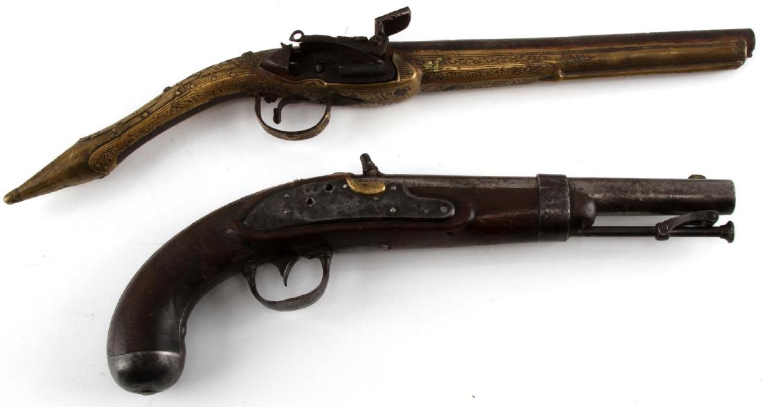 BALL BLACK POWDER ANTIQUE PISTOL LOT: Lot contains two pistols, one a flintlock, and the other a percussion lock. Both firearms locks are missing at least some key parts. The flintlock pistol appears to be of an Indo-Persian design, with 