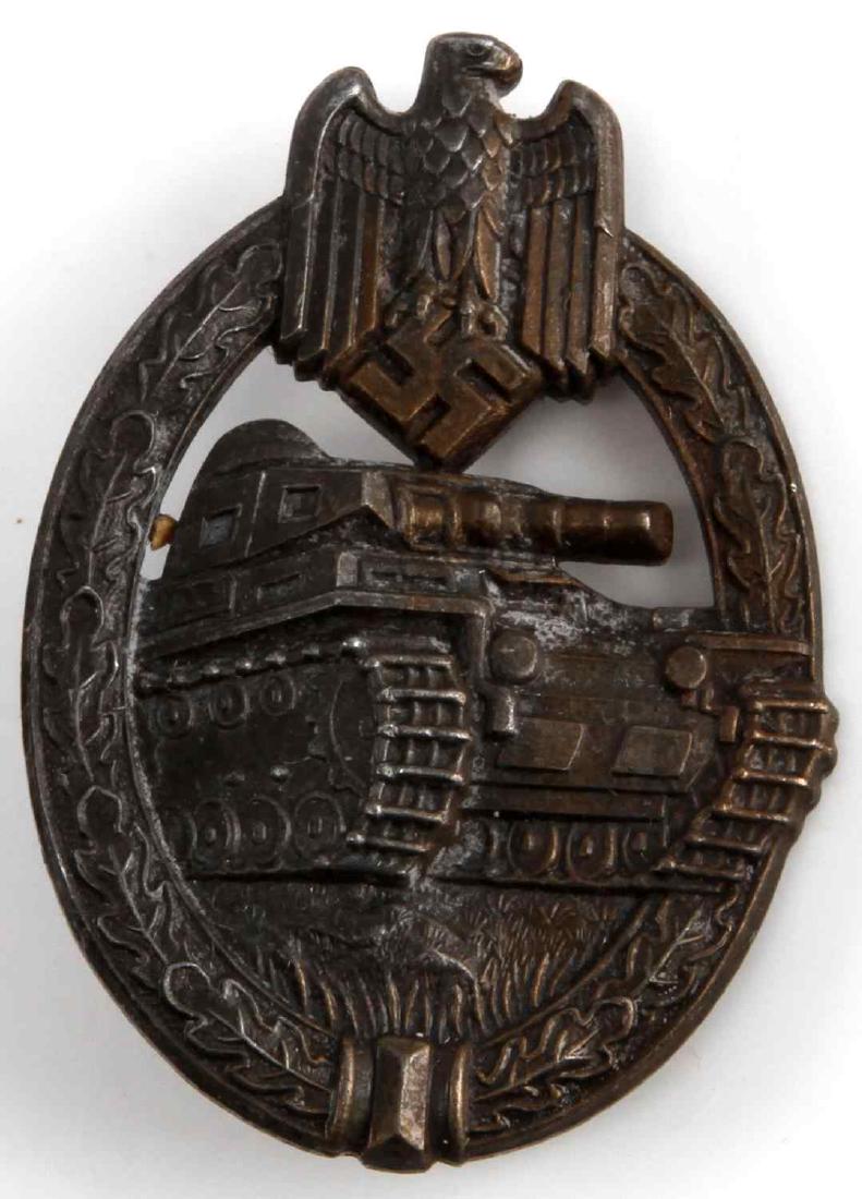 WWII GERMAN THIRD REICH PANZER ASSAULT BADGE: Assault badge in bronze, "C" catch pin, AS (ADOLF SCHOLZE) in triangle reverse maker mark, well crafted. VG condition.