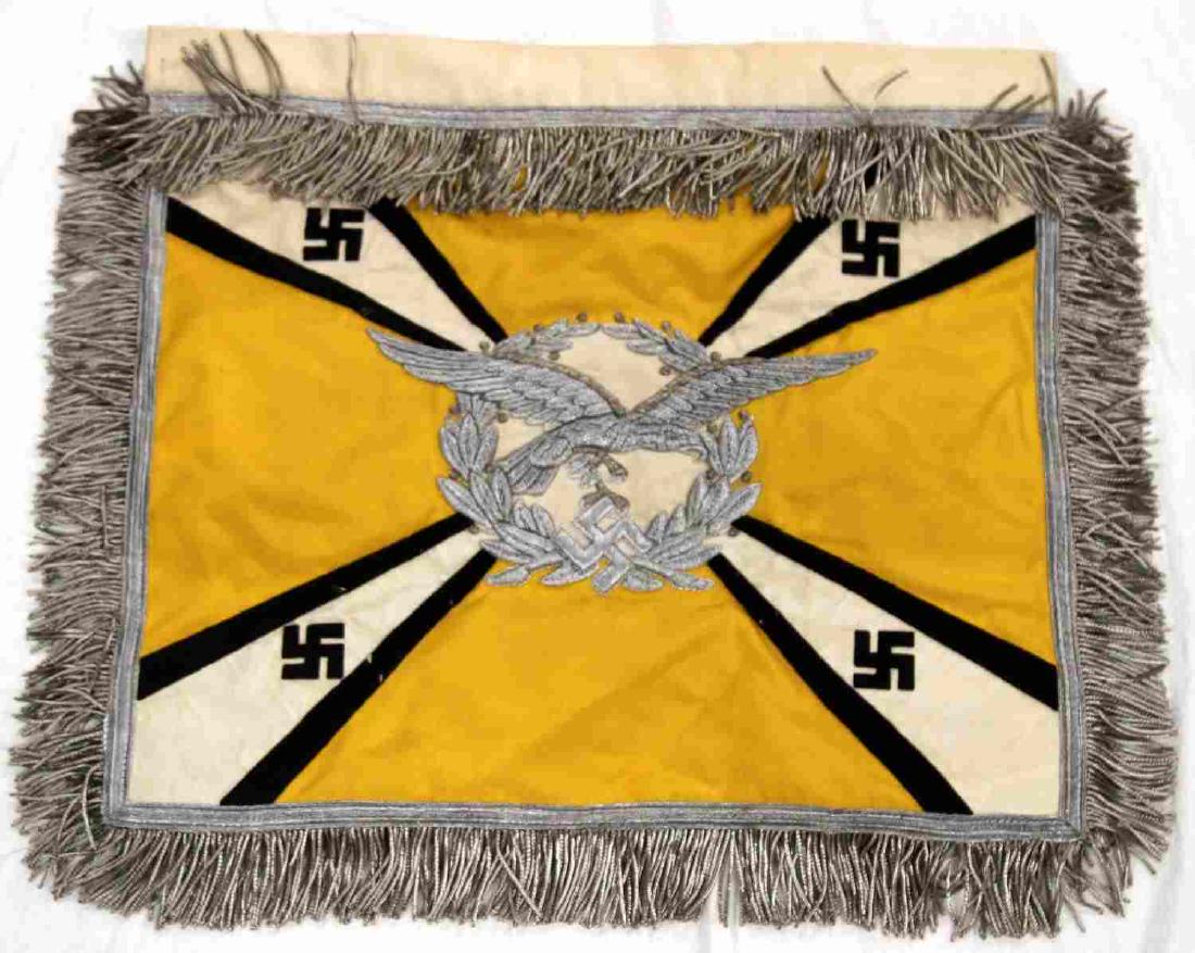 WWII GERMAN THIRD REICH LUFTWAFFE TRUMPET BANNER: Trumpet banner with Luftwaffe markings on one side and Gothic script "Lfk.Kdo.3" on the reverse. Banner has silver bullion wire fringe, Reichsadler, and lettering, and measuring roughly 23 inches by 1