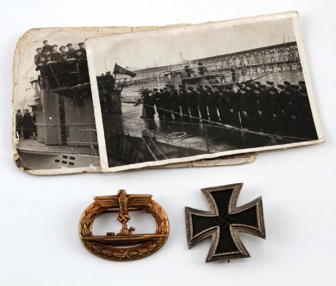 WWII GERMAN 3RD REICH U BOAT OFFICER LOT OF 4 SIGN: Lot includes 2 original photos of the entire crew & their captain on the deck with Kreigs flag flying. Also includes one U boat badge with horizontal pinback marked L/11 and one Iron cross 1st class t