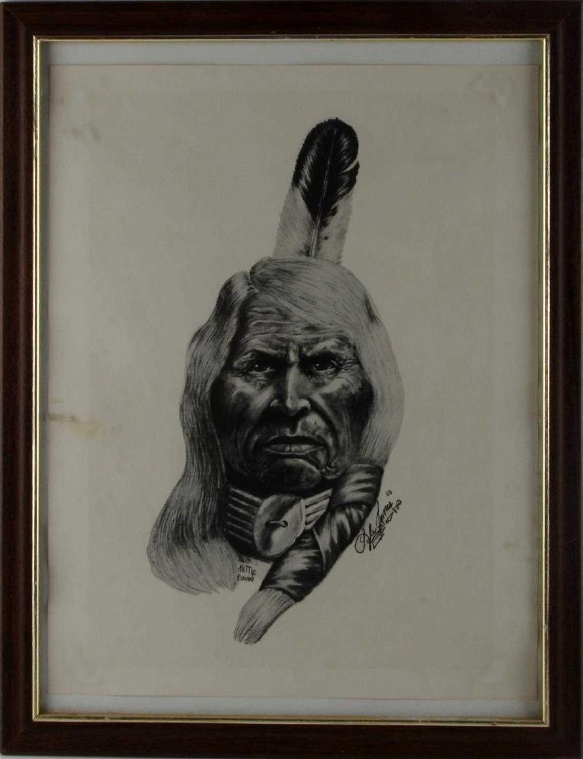 SIOUX INDIAN TWO KETTLE ART PRINT BY LYLE JAMES: Print of a charcoal portrait of Two Kettle of the Sioux Nation signed 9in the print) Lyle James '83 SD. Measurements: image 22x17, framed 26x20 inches. In good condition with image under glass. Discol