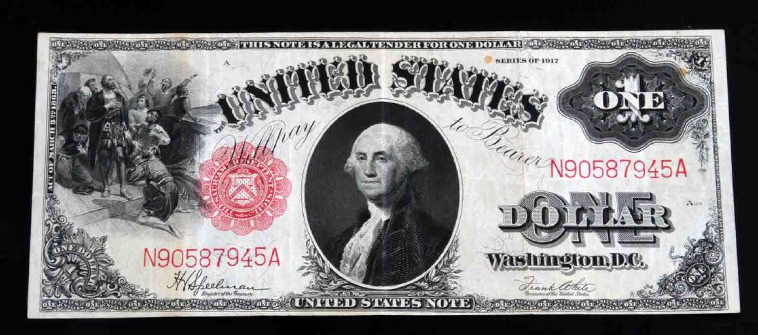 1917 LARGE SIZE BANKNOTE $1 LEGAL TENDER NOTE: Very fine condition. Has numerous vertical creases. Bill is bright and crisp. Three corners are slightly rounded. No tears or pinholes. Speelman-White signautes. S/N N90587945A. FR-39.
