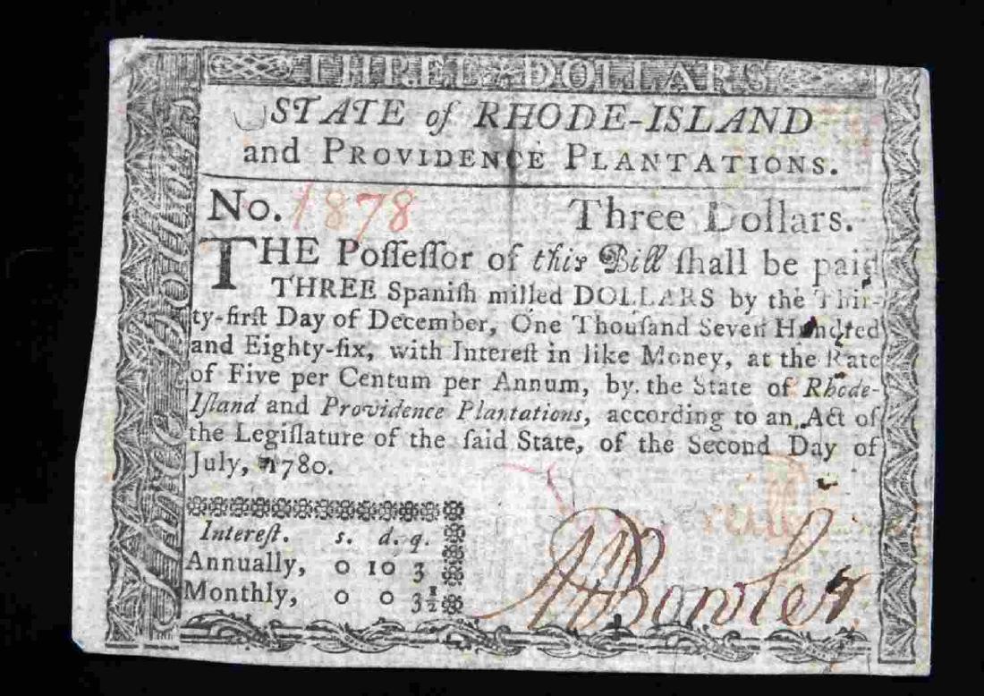 1780 U.S. COLONIAL RHODE ISLAND $3 PRINT BANKNOTE: Extra fine condition. Three pinholes in the center. Single vertical crease down the center of the bill. Paper is very crisp and the colors remain bright. Numbered 1878. July 2nd, 1780 edition. RI-284.