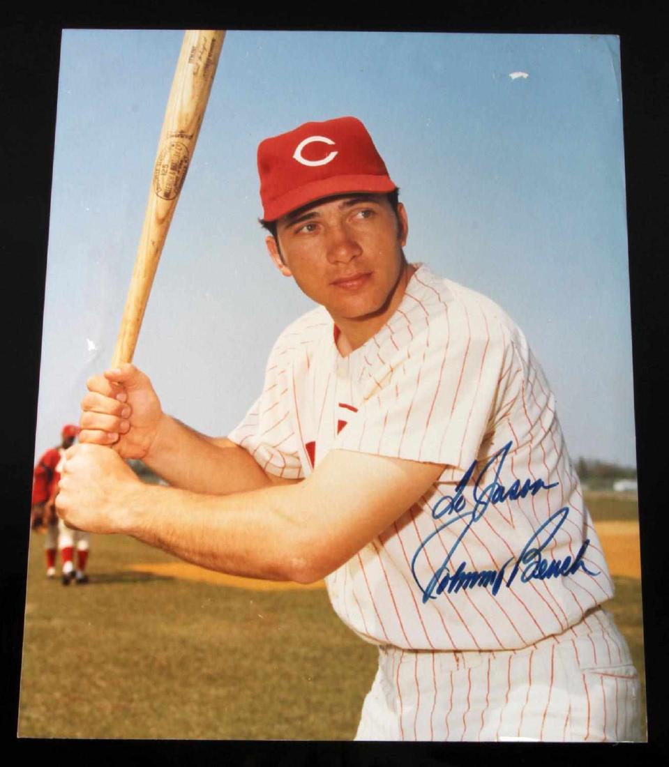 MLB HOF CINCINNATI REDS JOHNNY BENCH AUTOGRAPH: 8x10 color photo autographed by legendary hall of fame catcher for the Cincinnati Reds MLB baseball team, Johnny Bench. Hand signed "To Jason" in blue ink. No COA.