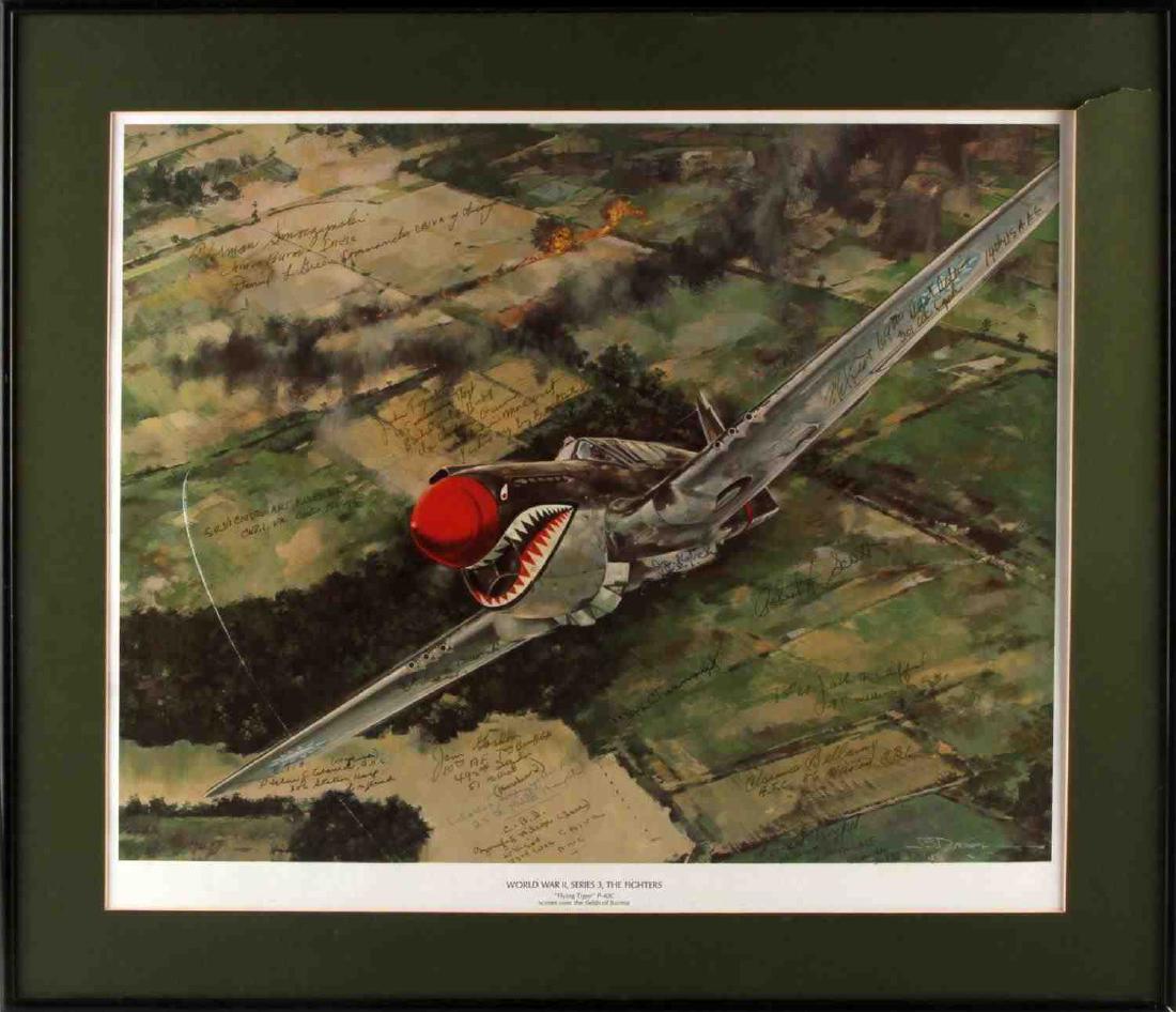 CHINA BURMA INDIA CBI PRINT W PILOTS AUTOGRAPHS: Measures 25 1/2 inches by 22 inches. Is in very good condition. Titles World War II series 3, The fighters 'Flying tiger' P-40c scores over the fields in Burma. Signed by 15 fighter pilots from the CB