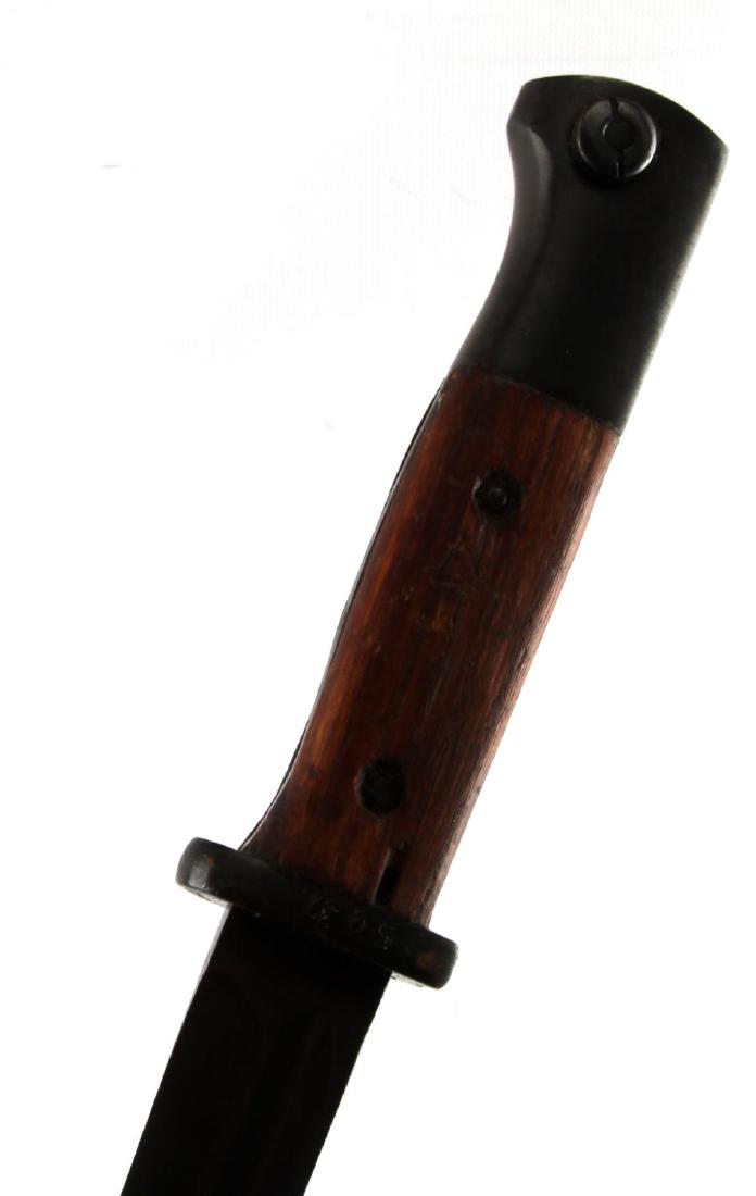 WWII GERMAN K98 POLICE BAYONET WITH SCABBARD: WWII K98 Mauser bayonet, with scabbard and front. Blued blade and scabbard. Blade, handle, and scabbard show little wear. Serials are matching. Overall very good condition.