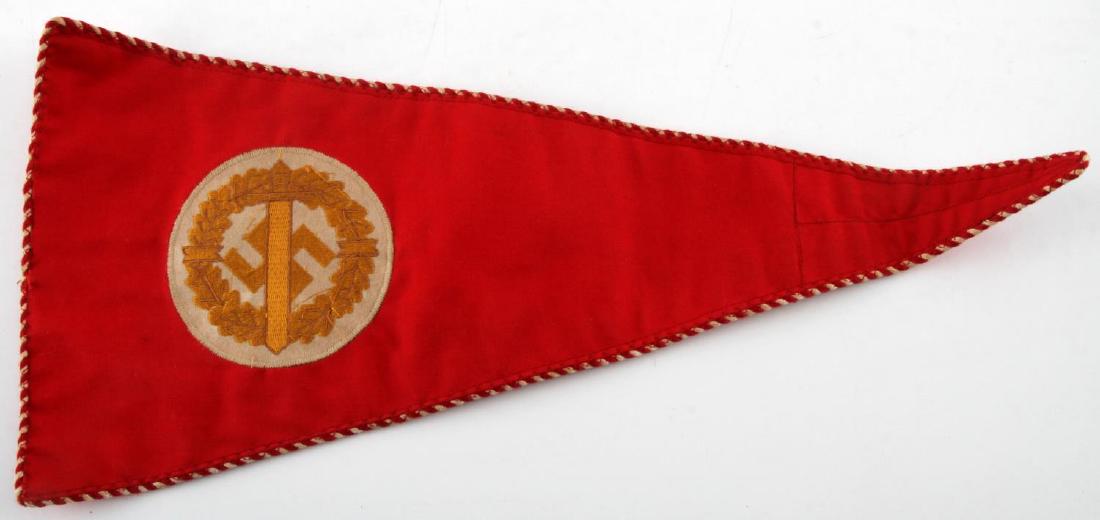 WWII GERMAN THIRD REICH SA SPORT PENNANT FLAG: Red SA sports pennant. Measures 17 inches in length and 8 inches in height. In very good condition. Small sections fluoresce under blacklight. Unauthenticated/ Sold 'as is' This lot has a reserve.