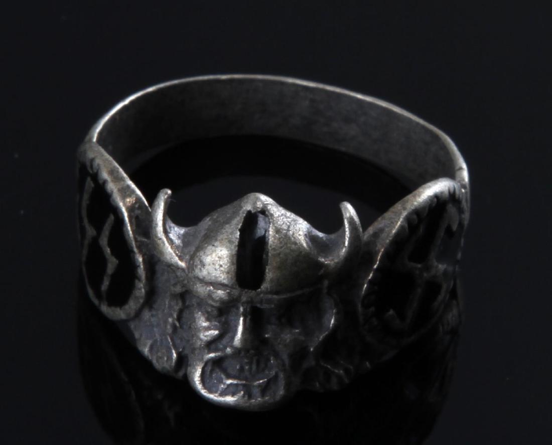 WWII GERMAN 3RD REICH WAFFEN SS VIKING SILVER RING: 5th SS Panzer Division "Wiking" silver ring. Size 11 1/2, and weighs 6.7 grams. In good condition with black enamaled sections. Minor wear to the silver surface. Stamped '800' on the side. Tests for s