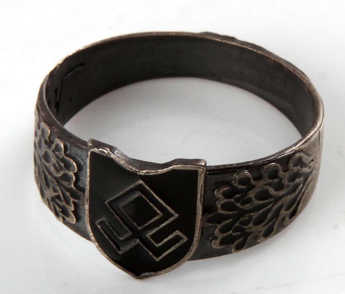 WWII GERMAN THIRD REICH SS PRINZ EUGEN SILVER RING: 7th SS Volunteer Mountain Division "Prinz Eugen" silver ring. Has Odal rune crest in the center black enameled. Has 'H. Himmler' signature, RZM mark, and '800'. Size 12 1/2 and weighs 4.4 grams. In go