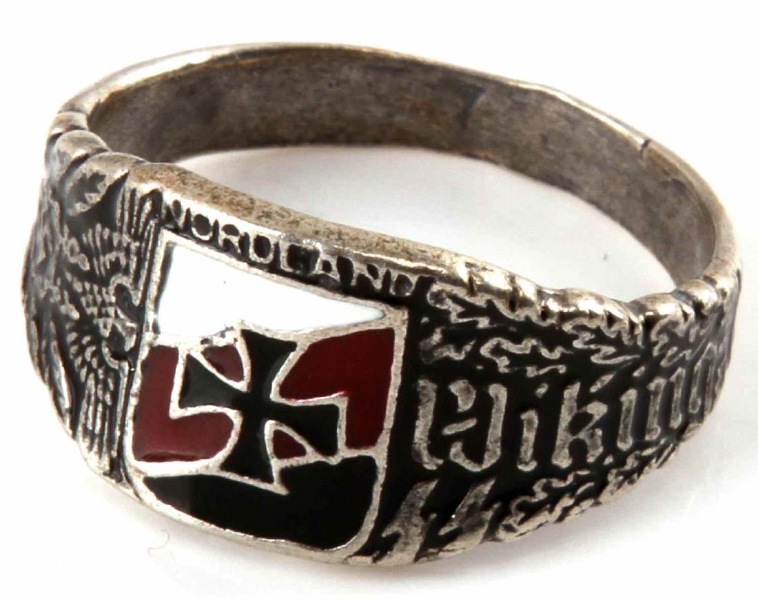 GERMAN WWII VIKING SILVER RING 800 MARKED: German WWII "Viking" silver ring. Has 800 silver content mark stamped on exterior. Interior features a faded makers mark. Size 13. VG condition. Unauthenticated, sold "as is". This lot has a reserve.