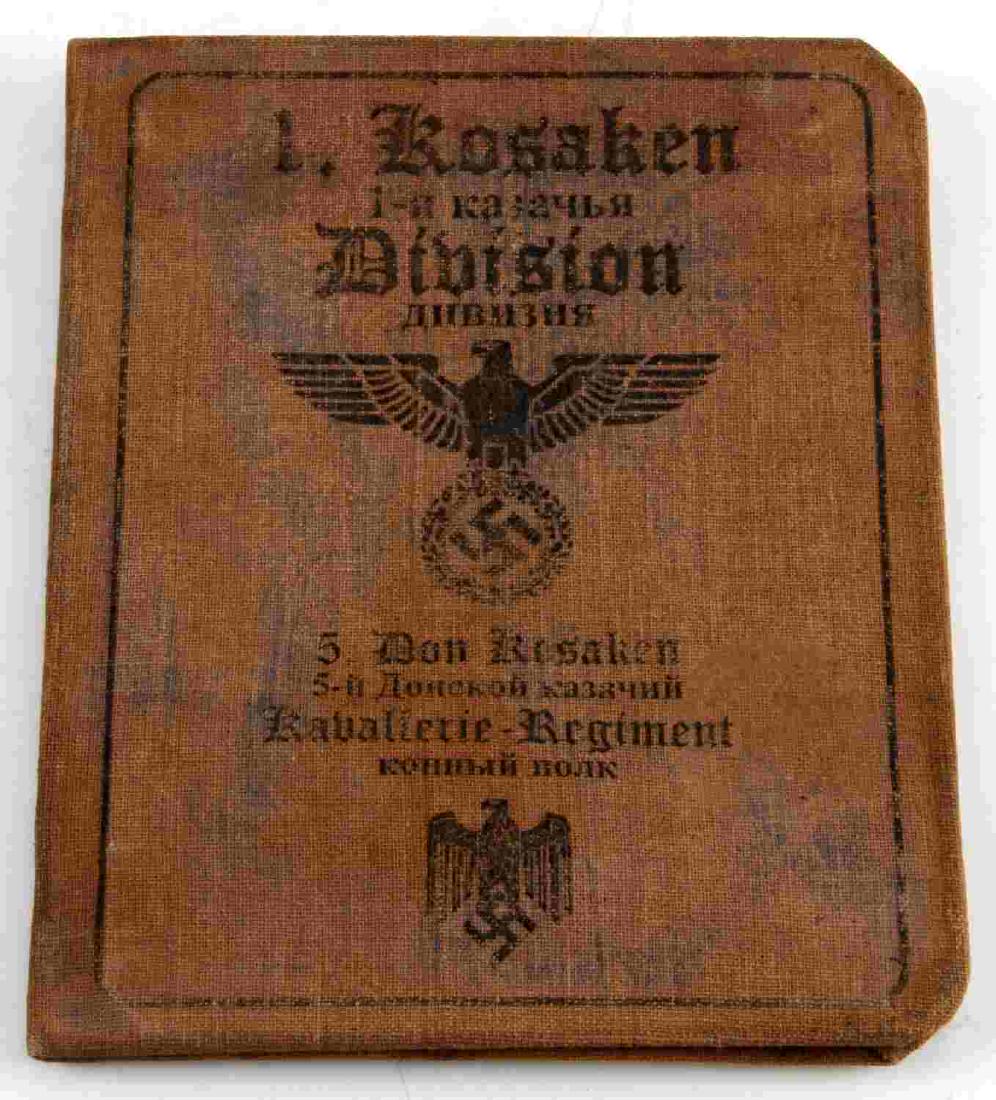 WWII GERMAN THIRD REICH COSSACK AUSWEIS BOOK: German 'Ausweis' ID book belonging to a Russian Cossack belonging to the 5th Don Cossack Cavalry Regiment,1st Cossack Cavalry Division. In very good condition with minor wear to the outer cover. Unaut