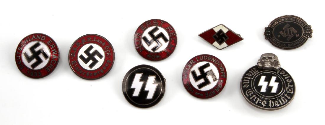 8 GERMAN WWII THIRD REICH ENAMELED PARTY BADGE LOT: Lot of EIGHT (8). Includes: Waffen SS, Nun Erst Recht, Hitler Youth, Deutschland Erwache 1933, NSDAP Land Of..., Heil Hitler Ludendorff v Grafe, Waffen SS Meine Ehre Heist Treue!, and Dank Dur SS Fur 