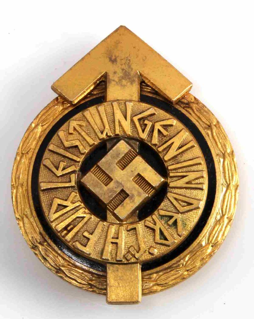 GERMAN WWII HITLER YOUTH HJ GOLDEN LEADERS BADGE: Sports badge measures 2 inches at widest point, Reverse is marked "RZM M1/101 , 83. Two piece brass construction with black enamel. in good condition with minor contact wear. Unauthenticated sold as i