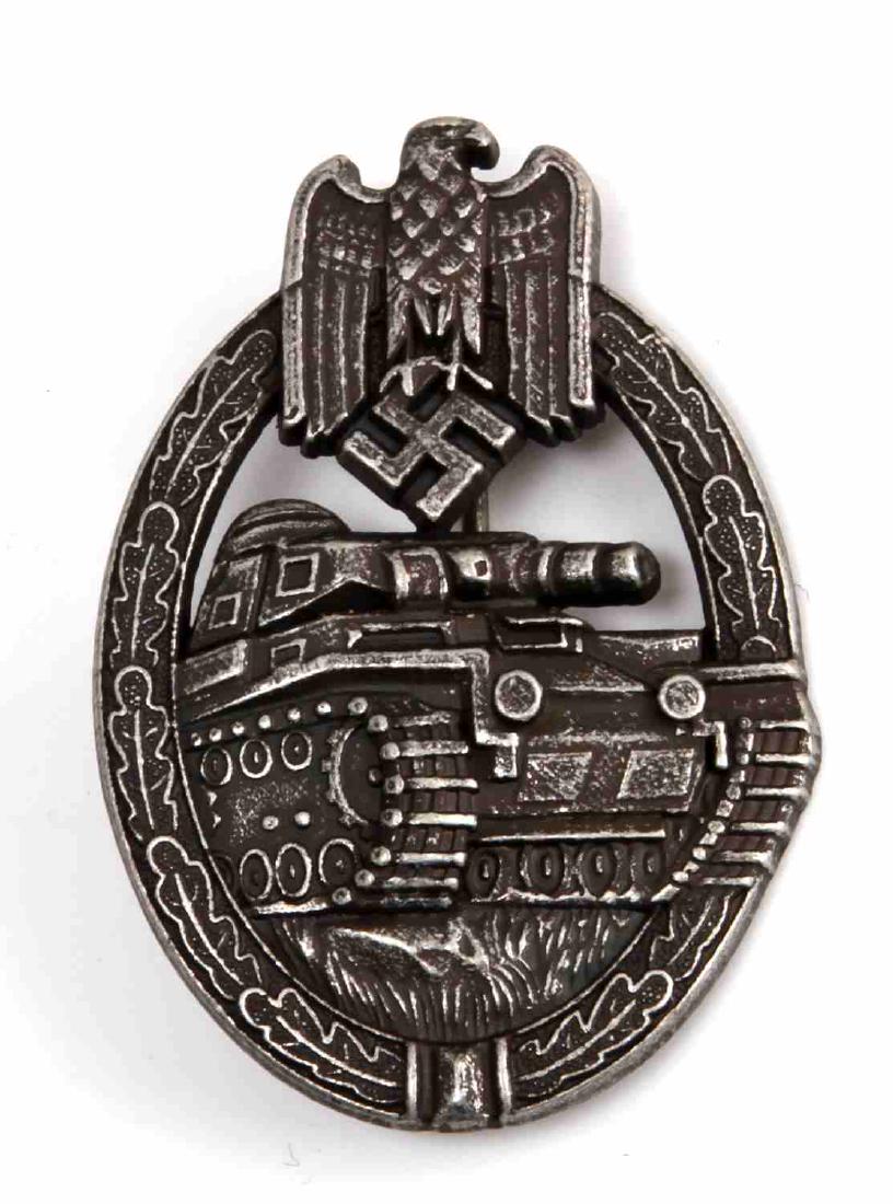 WWII GERMAN 3RD REICH SILVER PANZER ASSAULT BADGE: Silver Panzer Assault Badge. Reverse is maker marked 'AS' in a triangle. Has a thin vertical pin back. Solid nickel construction. In very good condition. Unauthenticated/Sold 'as is'.