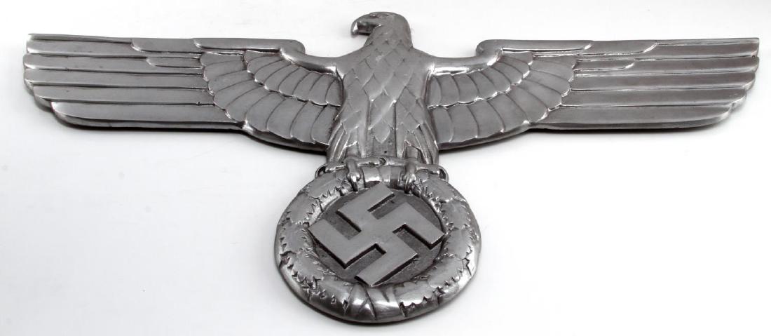 LARGE GERMAN WWII THIRD REICH RAILWAY TRAIN EAGLE: Measures approximately 26 x 13 inches. Reverse maker marked "LOK 680 GAL Mg-Si LOK RZA 5 BLN". Three screw mount posts on reverse for securing to railroad car. Aluminum construction. This is the large