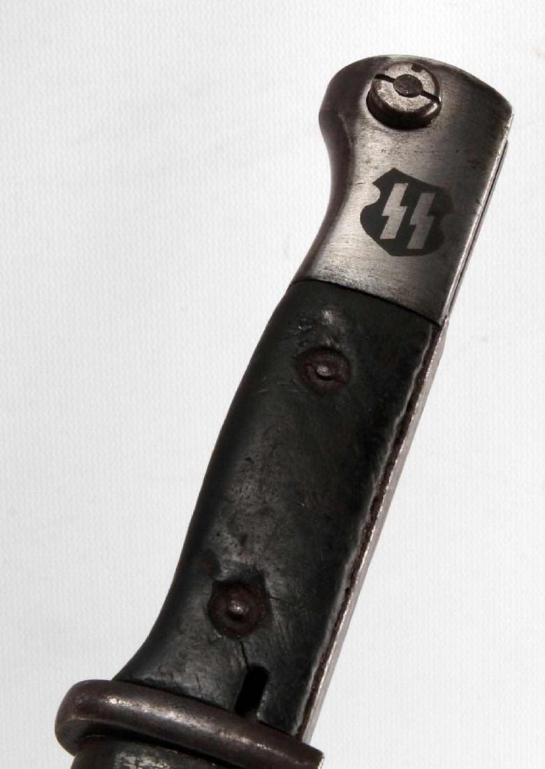 WWII GERMAN 3RD REICH SS MAUSER K98 DRESS BAYONET: Bayonet and scabbard measures 16 inches long. Etched blade reads 17 SS- Panzer Gren. Div Gotz von Berlichingen SS. Has Berlichingen coat of arms on 1 side and SS runics with oak leaves on the other. B