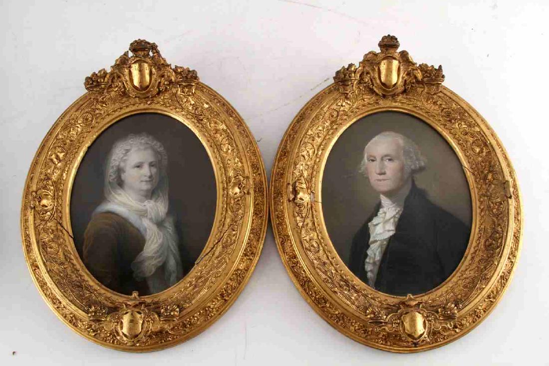 GEORGE WASHINGTON MEZZOTINT EARLY 19TH CENTURY: After Gilbert Stuart mezzotints of Martha and George Washington. Provenance: Acquired by owner in 1950s buy owners parents in Frederick, Maryland from home of the 1st Governor of Maryland (possibly fr