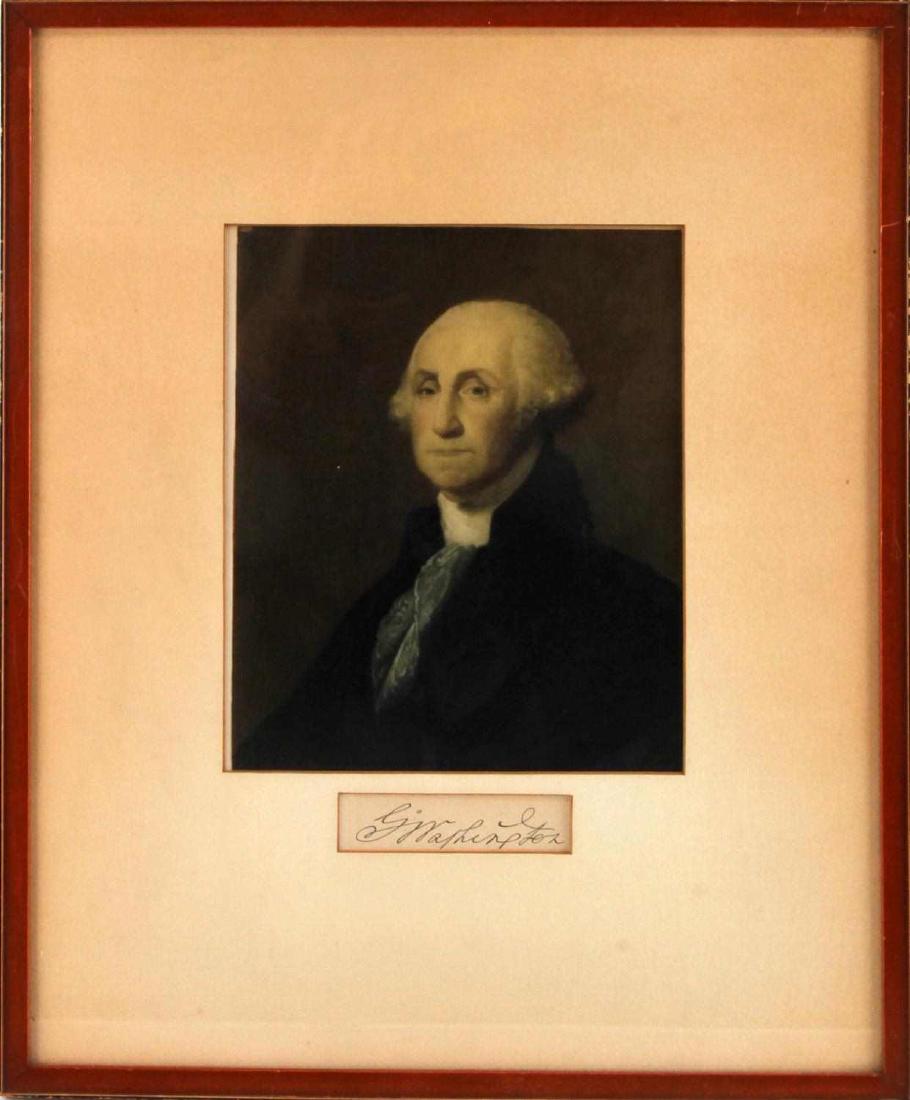 AFTER GILBERT STUART GEORGE WASHINGTON PRINT: Print of Gilbert Stuart portrait of George Washington with signature measuring 18 by 15 inches in very good condition with some overall foxing This lot has a reserve.
