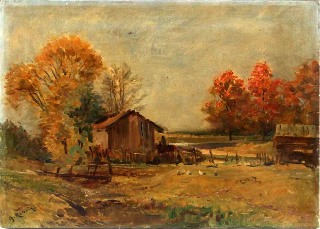 AFTER RENIOR IMPRESSIONIST LANDSCAPE OIL PAINTING: Pastoral impressionist landscape signed A. Renoir(Pierre Auguste Renoir 1841 - 1919) in lower left corner. Stretcher frame is handmade with corner shims, yellowed reverse and nailed on canvas measurin