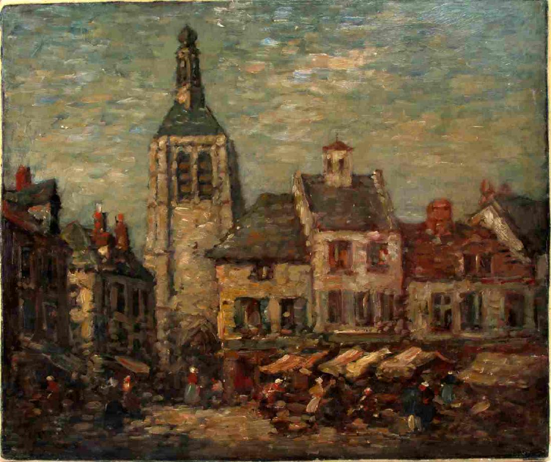 AFTER RENOIR IMPRESSIONIST CITYSCAPE OIL PAINTING: Impressionist cityscape signed A. Renoir (Pierre Auguste Renoir 1841 - 1919) possibly re-stretched frame is older with shimmed corners, stapled edges, varnished top coat over oil painting with black u