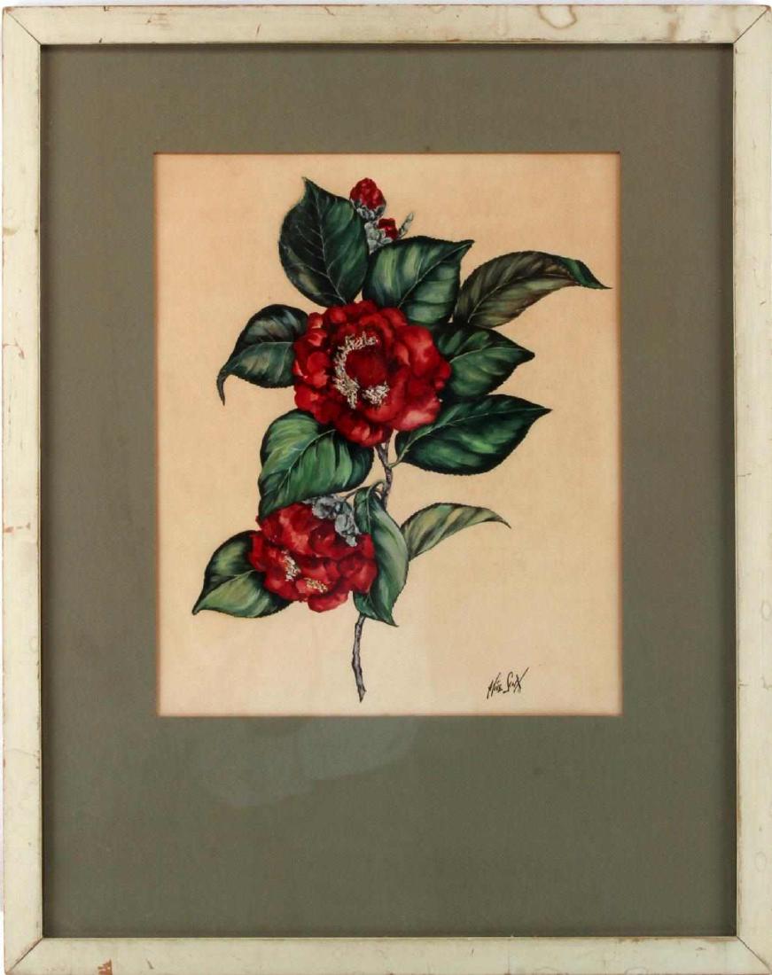ALICE SCOTT VINTAGE BOTANICAL WATERCOLOR PAINTING: Early Alice Scott (1925-2005) Charleston SC. Rose botanical watercolor signed LR corner On Reverse it reads re-framed in Oct. 22,1959 written in pencil by artist. Provenance: direct from family. In ve