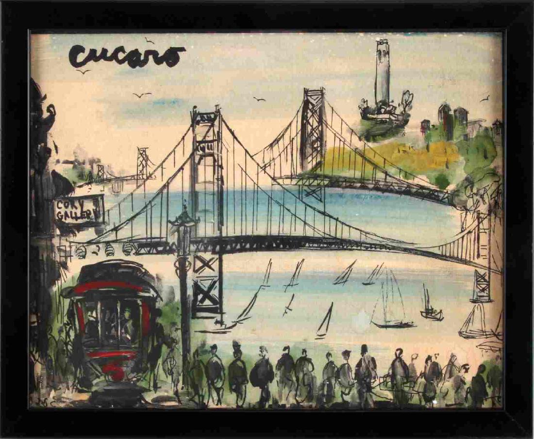 CUCARO WATERCOLOR PAINTING OF SAN FRANCISCO: Original watercolor painting, in good condition, 12 by 15 1/2, by Pascal Cucaro (American, 1915-2004). Born on November 6, 1915 in Youngstown, OH, he became interested in art during his time in the U.