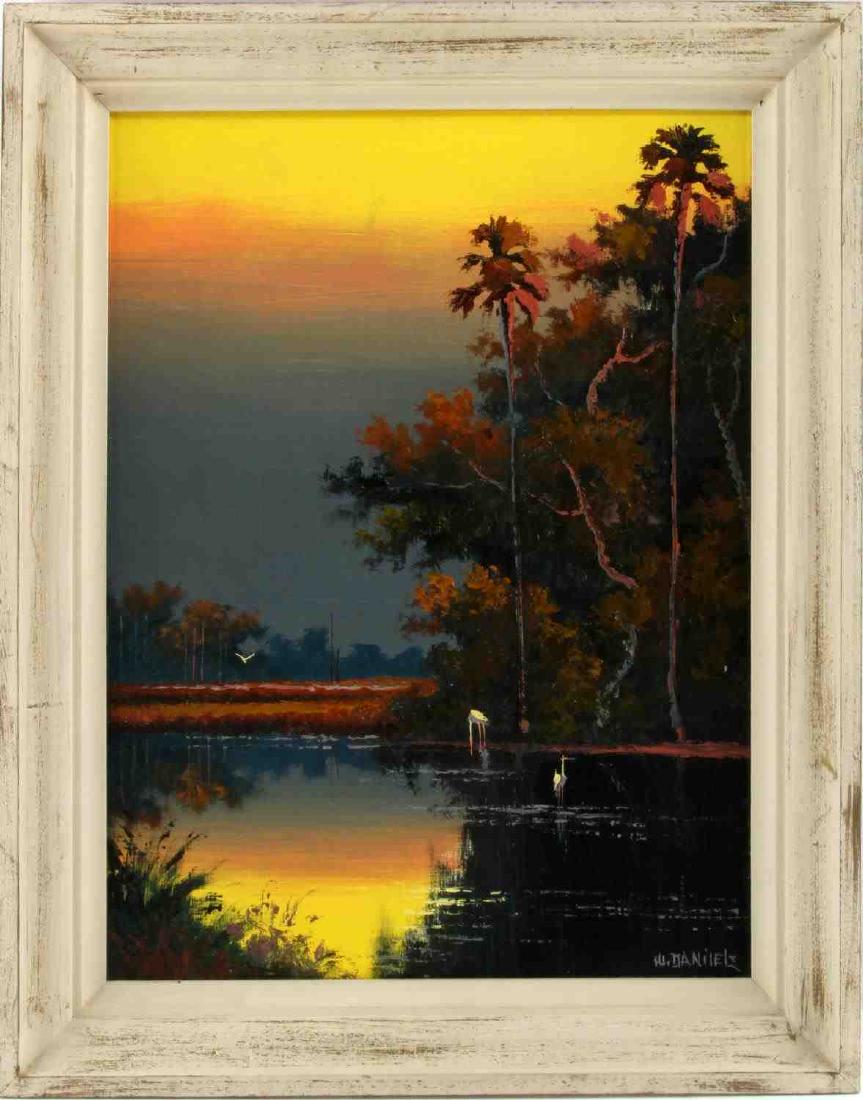 ORIGINAL FLORIDA HIGHWAYMEN BY WILLIE DANIELS: Willie Daniels, one of 26 recognized "Highwaymen Artists" of Fort Pierce, Florida, signed with his classic nail-etched "W. Daniels" lower right corner. Measurements: framed 28 by 22, image 24 by 18 in