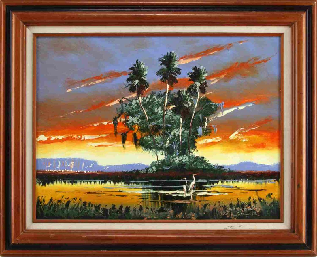 FLORIDA HIGHWAYMEN ORIGINAL PAINTING JOHN MAYNOR: Measurements: image 18 by 24, framed 24 by 31 inches, in excellent condition. John Maynor (1948-2016) Member of the original 26 Florida Highwaymen, his mentors were Livingston Roberts and Sam Newton.